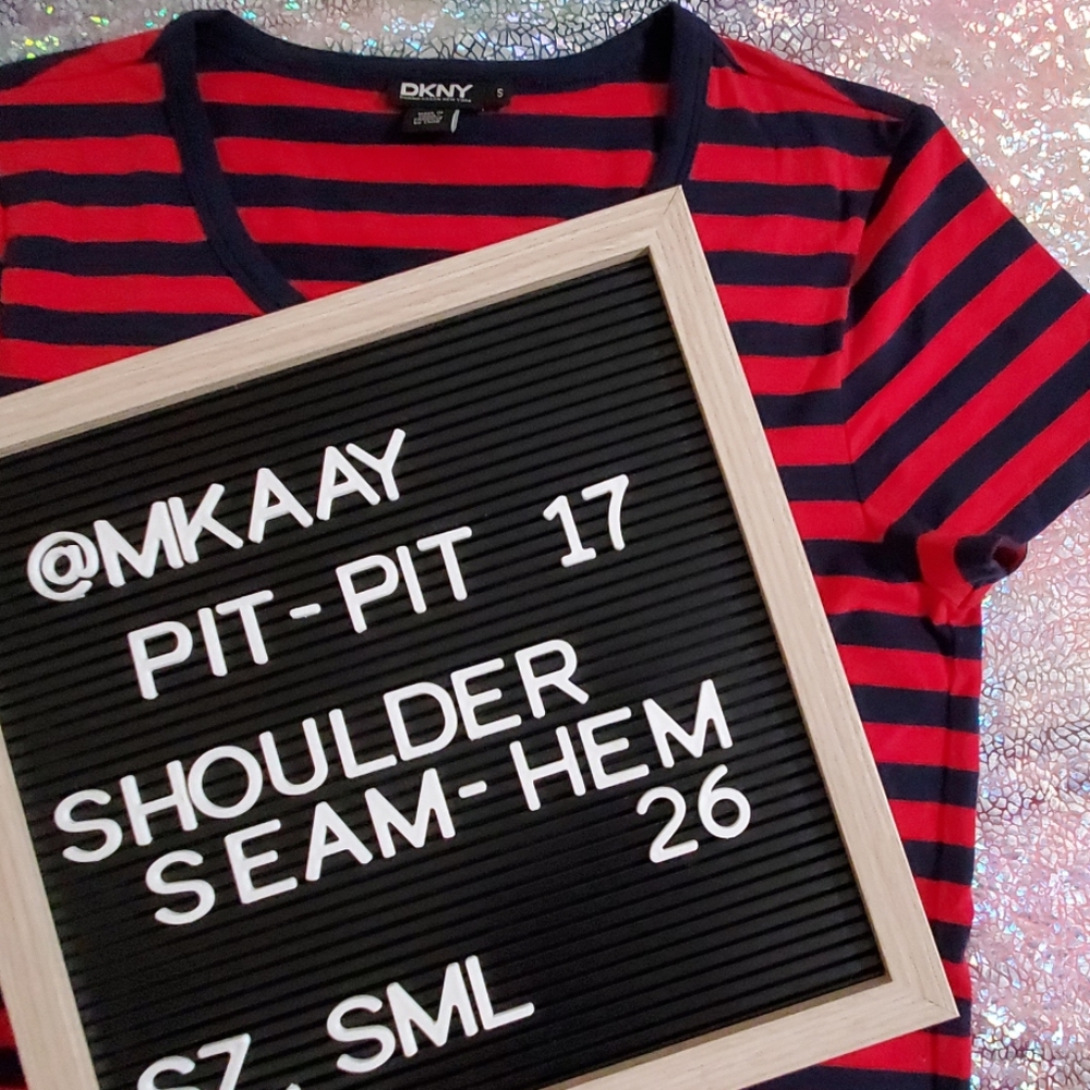 DKNY blue and  red striped short sleeve top sequin anchor sz. Sml - Picture 6 of 6
